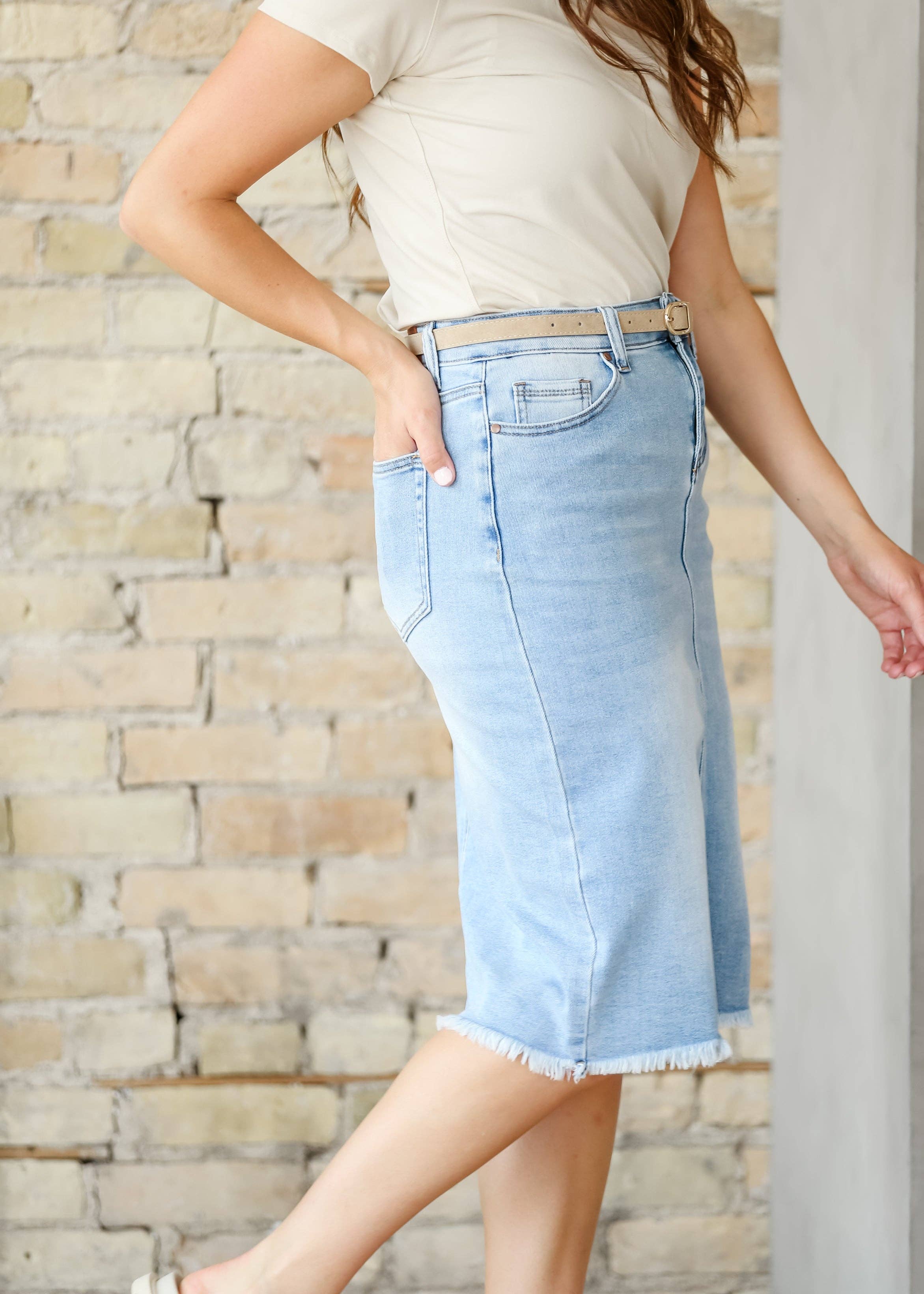 Inherit Clothing Company - Wholesale Skirt - Women's - Drew Raw Hem Midi Denim Skirt3