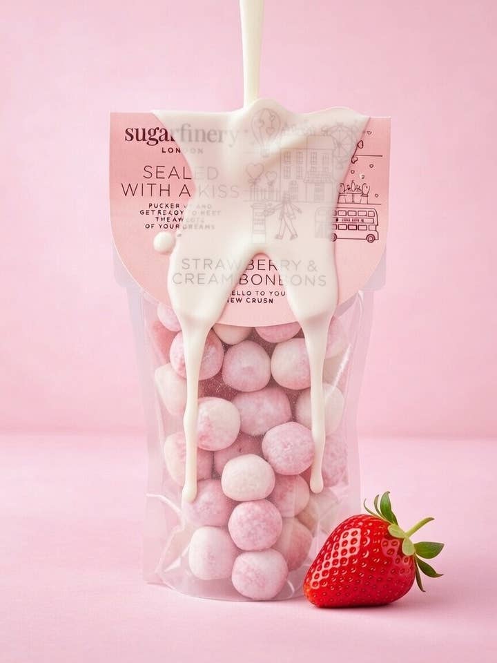 Sealed with a kiss- Strawberry and cream bonbons 186g for wholesale by sugarfinery limited