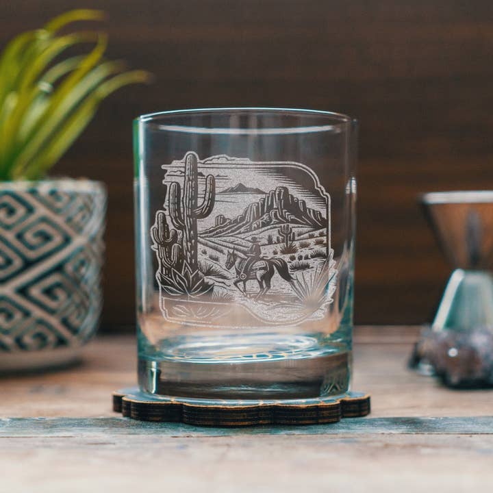 Riding Cowboy Scene Glasses for wholesale by Benoit's Design Co.