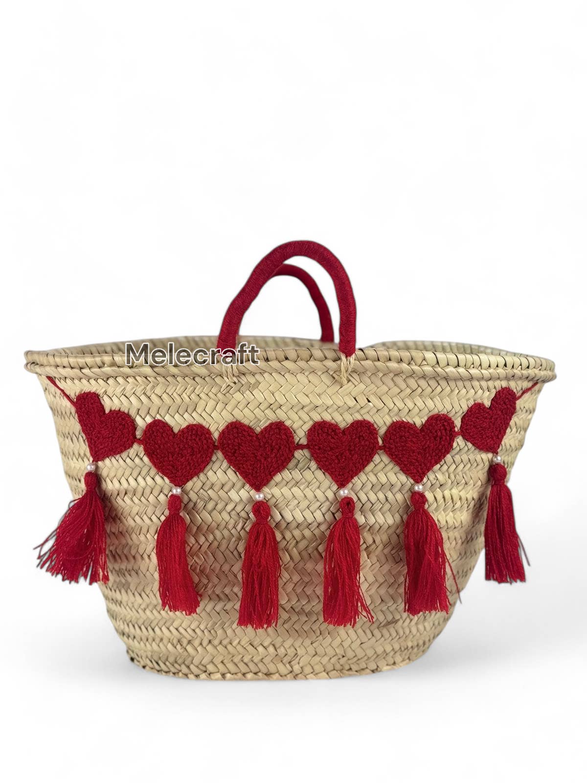 Melecraft – wholesale Basket – Handcrafted Straw Basket with Red Heart Accents and Tassels