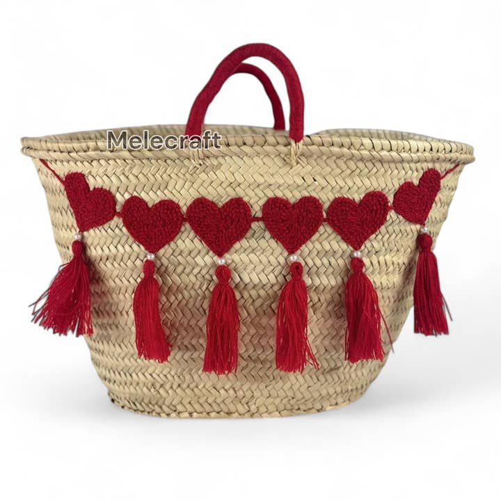 Melecraft – wholesale Basket – Handcrafted Straw Basket with Red Heart Accents and Tassels0