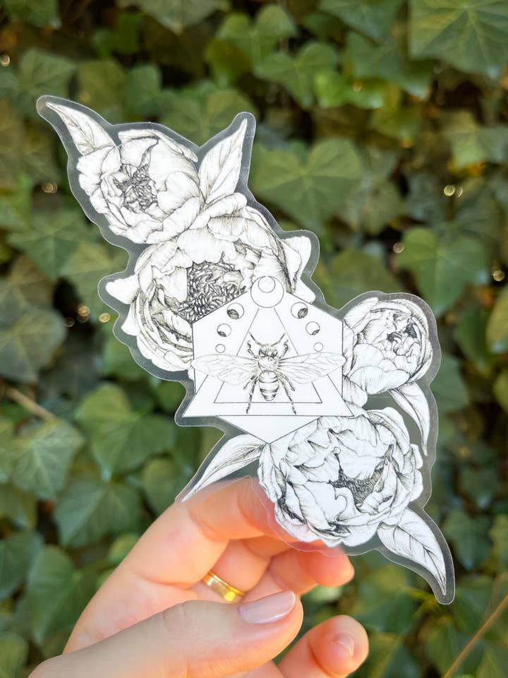 Bee, peony and moon phases tattoo-inspired sticker for wholesale by Hannah Moore Art