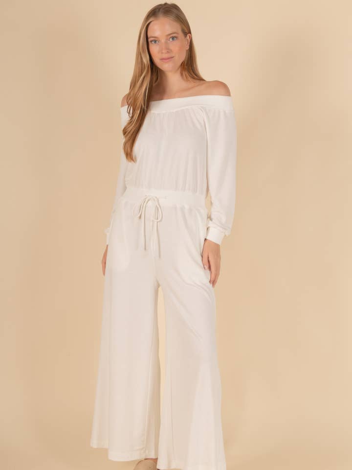 Sunday Morning French Terry Off Shoulder Jumpsuit for wholesale by Before You Collection
