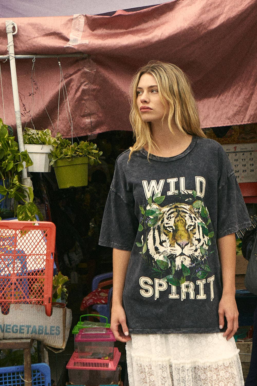 Charcoal Wild Spirit Vintage-Wash Oversized Graphic Tee for wholesale on Faire2