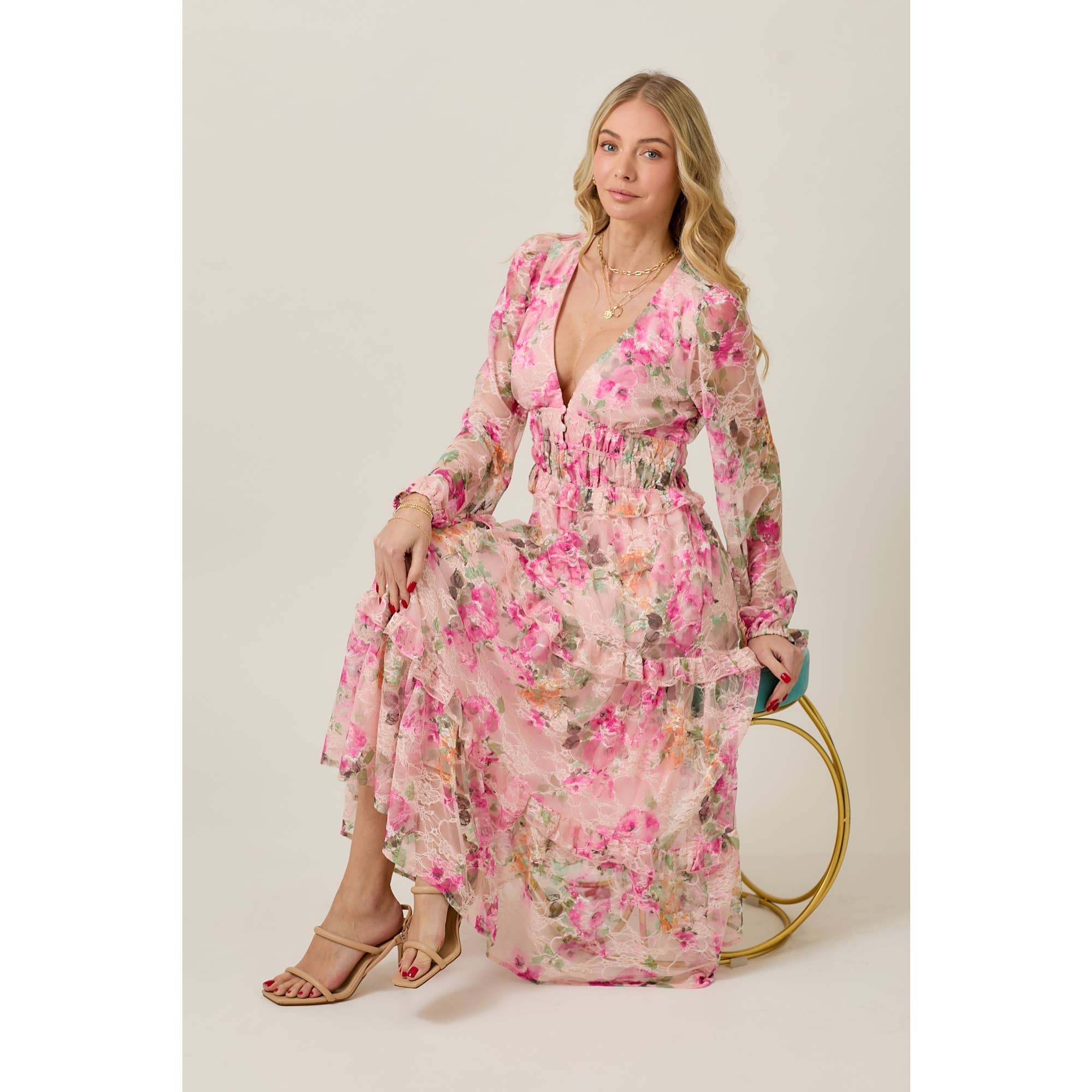 SKYLAR ROSE – wholesale Dress – Women's – FLORAL LACE LONG SLEEVE TIERED MIDI DRESS5