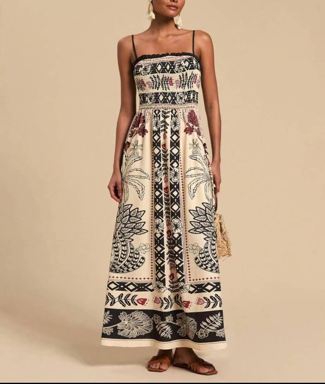 Rosa Clothing - Wholesale Dress - Women's - Boho Color Block Tropical Smocked Slip Dress4