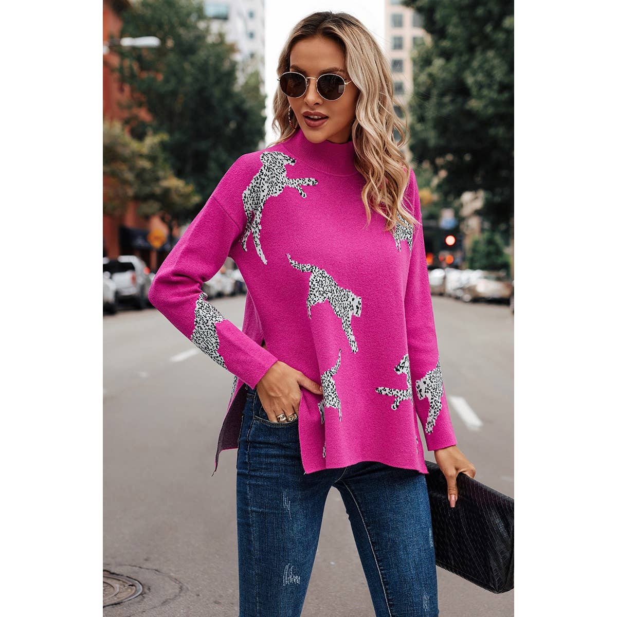 FUCHSIA Leopard Turtleneck Drop Shoulder Knit Sweater for wholesale on Faire2