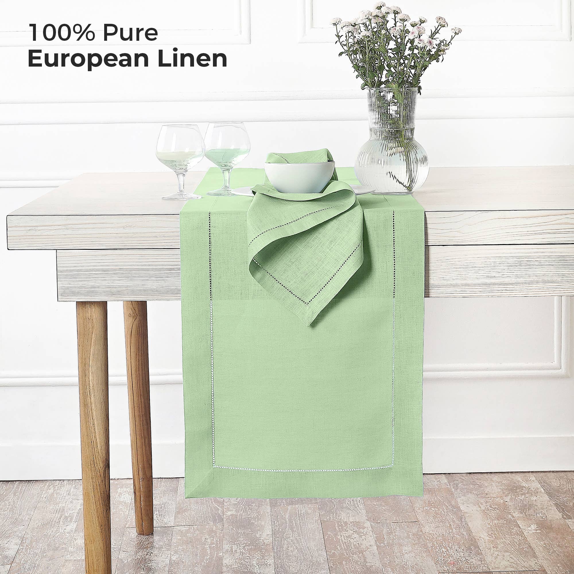 D'Moksha – wholesale Table runner – Sage Green Linen Table Runner - Hemstitch1