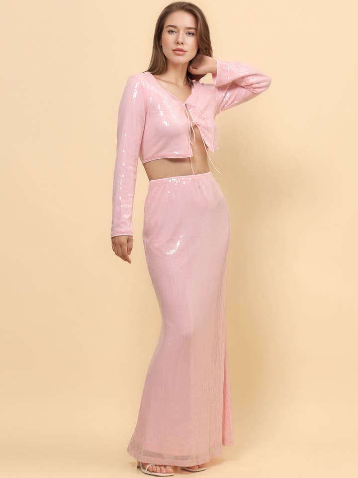 Ladies Shinny Sequin Night Out Top Maxi Skirt Set SKD4921 for wholesale by Sweetkama