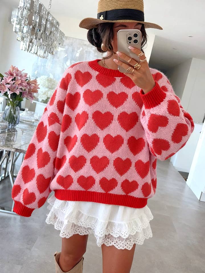 Cute Slouchy Valentines Heart Jacquard Knit Sweater for wholesale by Rosa Clothing