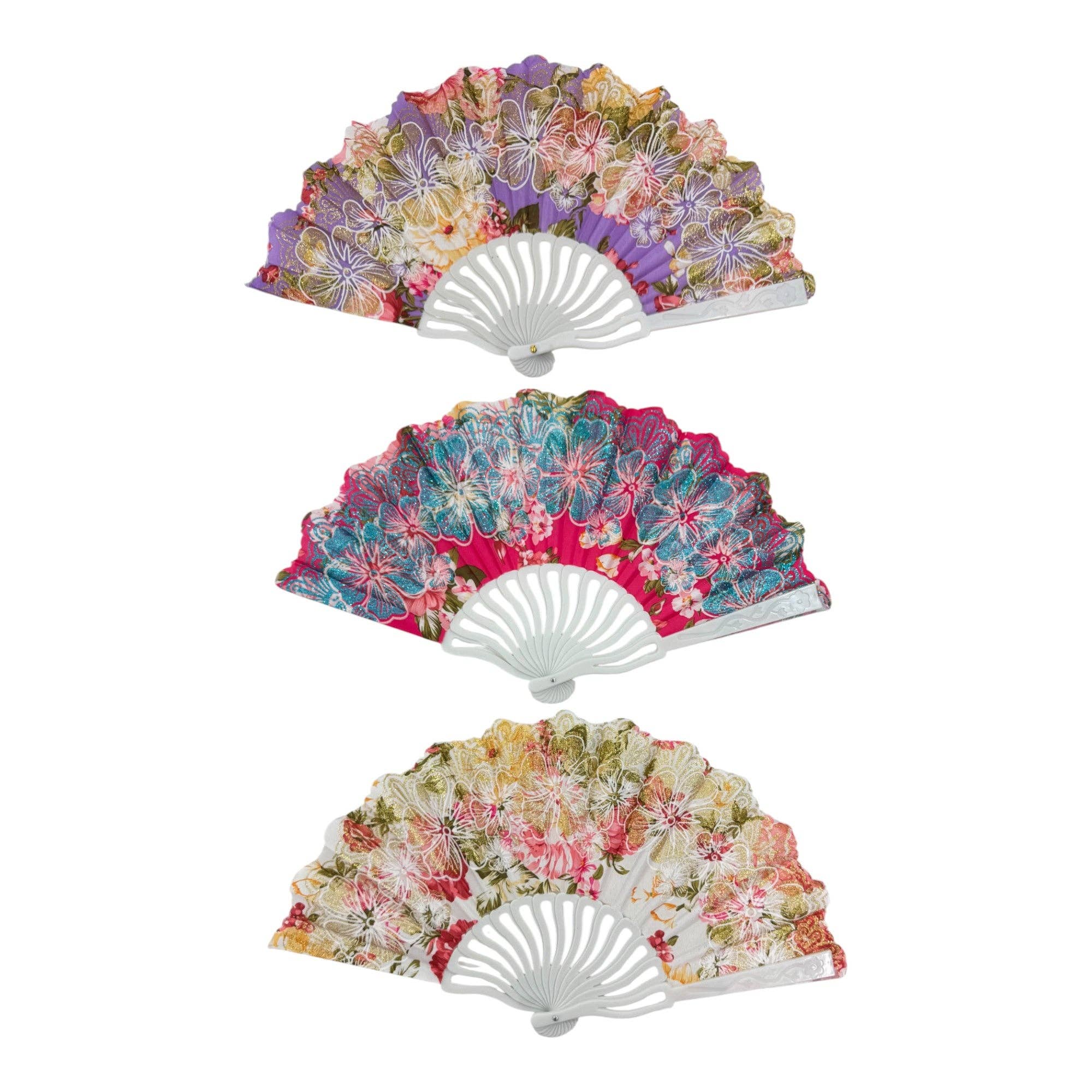 ASSORTED Glitter Flower Hand Held Folding Fan FN0449 (12PC) for wholesale on Faire4