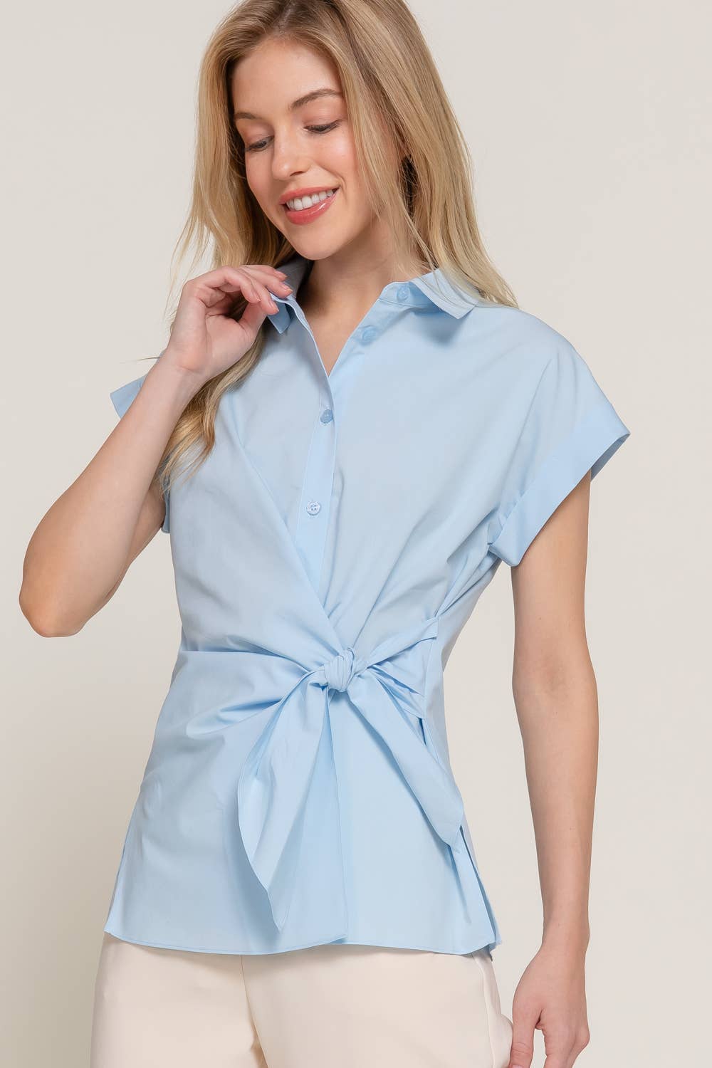 Active Basic | Active USA - Wholesale Button Down Shirt - Women's - Short Dolman Sleeve Button Down Side Knot Poplin Shirt12