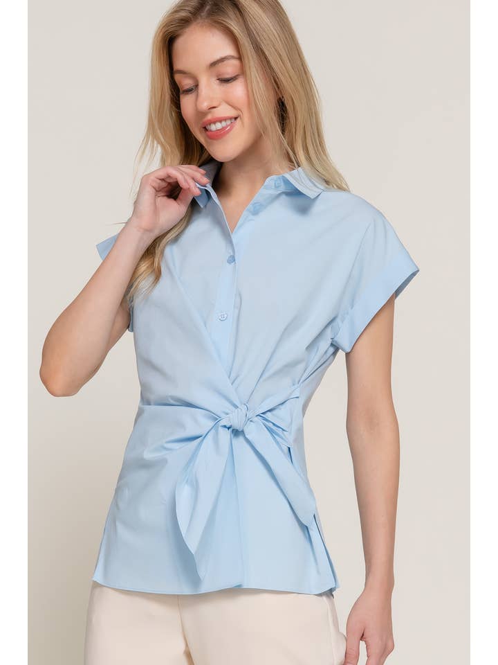 Active Basic | Active USA - Wholesale Button Down Shirt - Women's - Short Dolman Sleeve Button Down Side Knot Poplin Shirt12