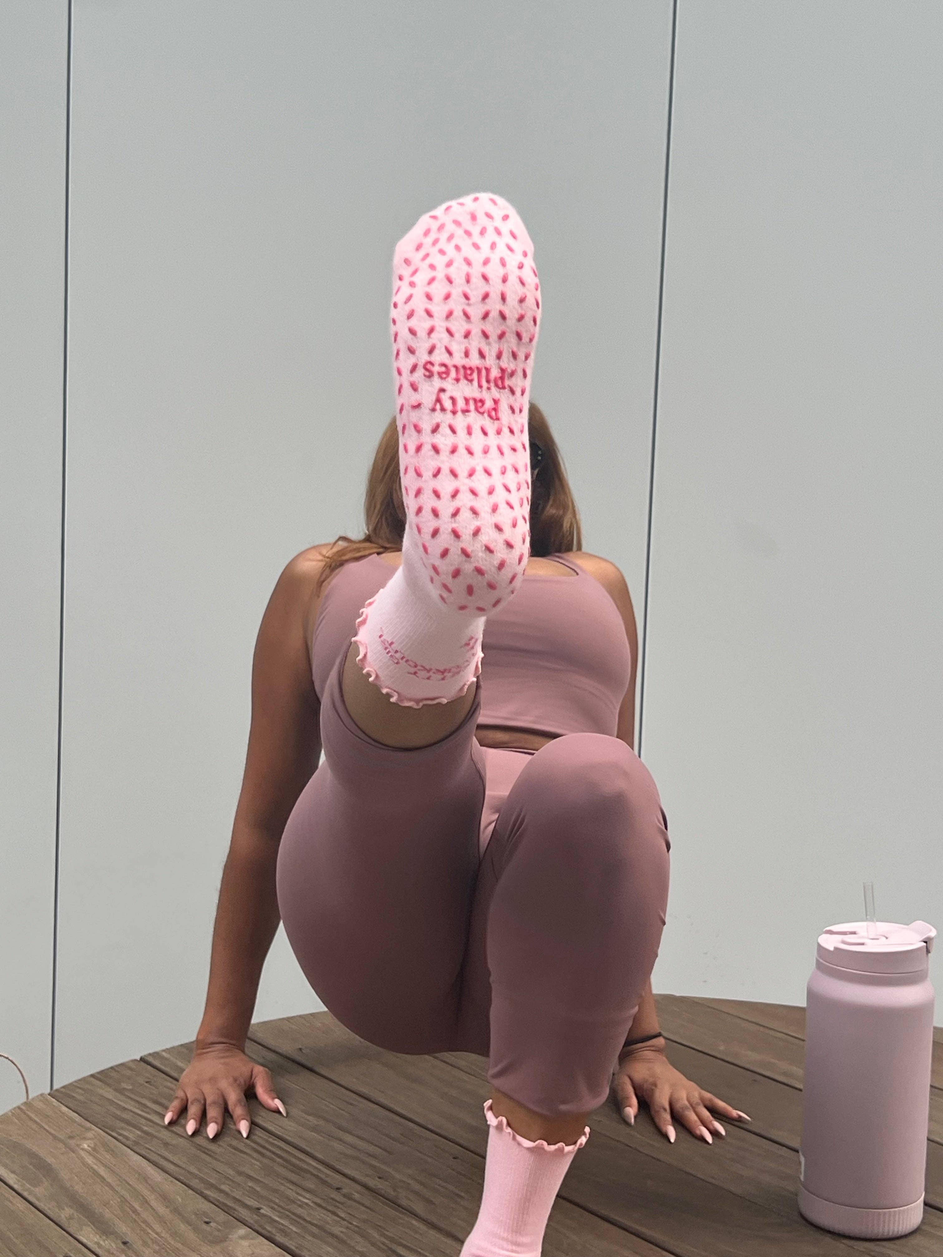 Hot Pink Pretty Girl Workout Ruffle Crew Grip Socks for wholesale on Faire2