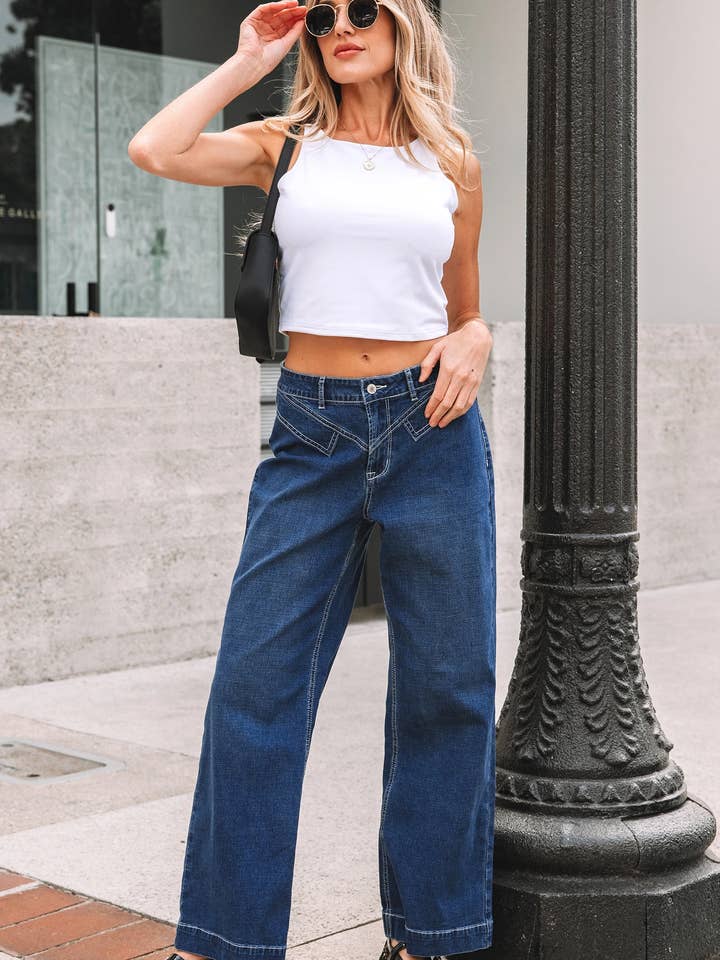 Sail Blue Stitched Waist Detail Loose Cuffed Jeans for wholesale on Faire3