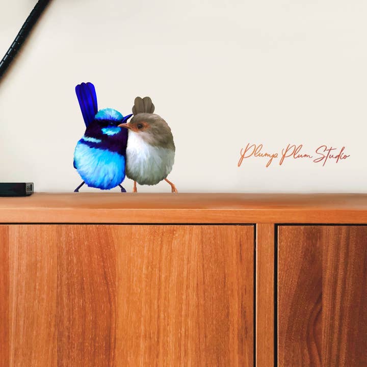 Plump Plum Studio – Engroshandel Klistermærke – Fremragende fe blå skruenøgle kærlighedspar mærkat, Fairy wrens klistermærke2