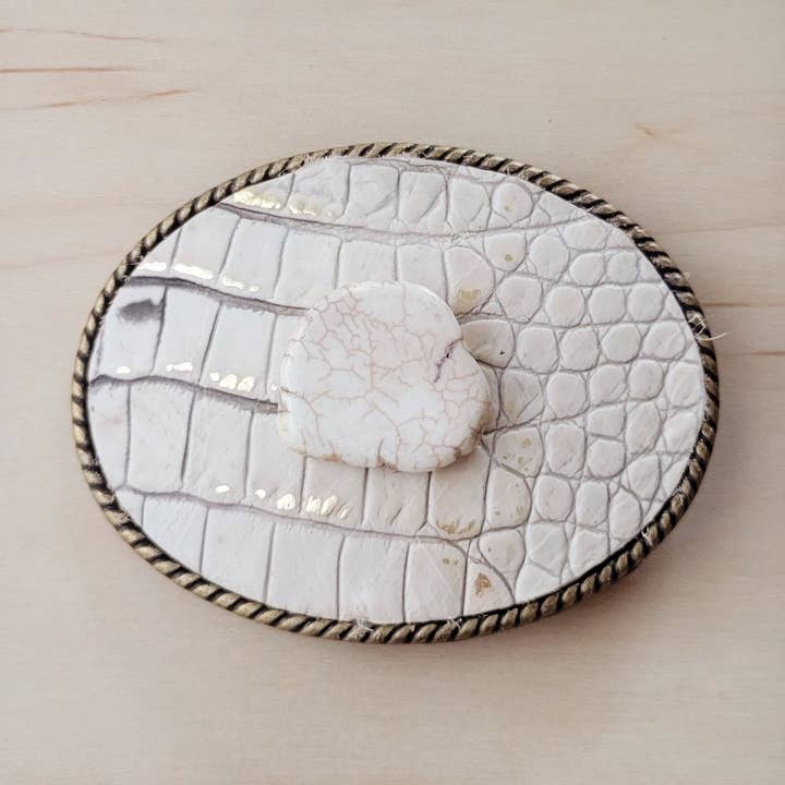 Rope Edge Gold Gator Leather Belt Buckle w/ White Turquoise 908g for wholesale by The Jewelry Junkie