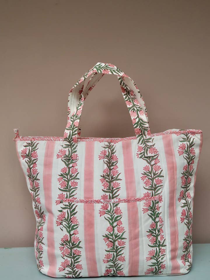 The Amba Bag – Quilted Cotton Canvas Tote (Pink/ Green) for wholesale by Kapara London