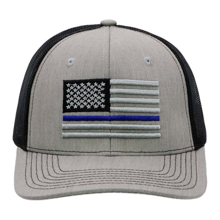 Cap Zone - Wholesale Trucker Hat - Unisex - Police Blue Line American Flag Mesh Trucker Hat
