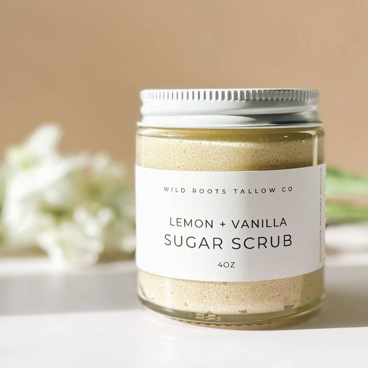 Lemon + Vanilla Tallow Exfoliating Sugar Scrub for wholesale by Wild Roots Tallow Co.