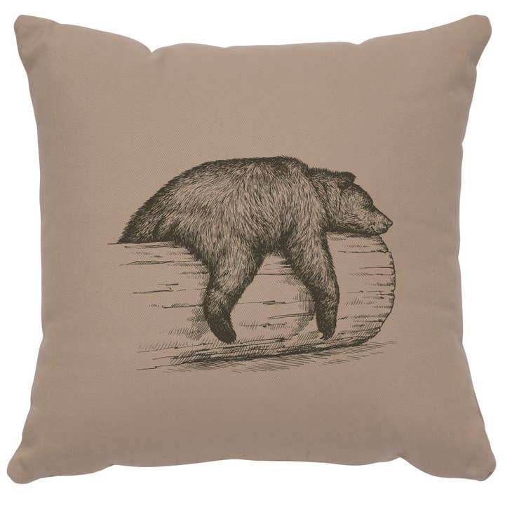 Image Pillow 16x16 - Bear on a Log - Cotton Alabaster for wholesale by Wooded River Inc