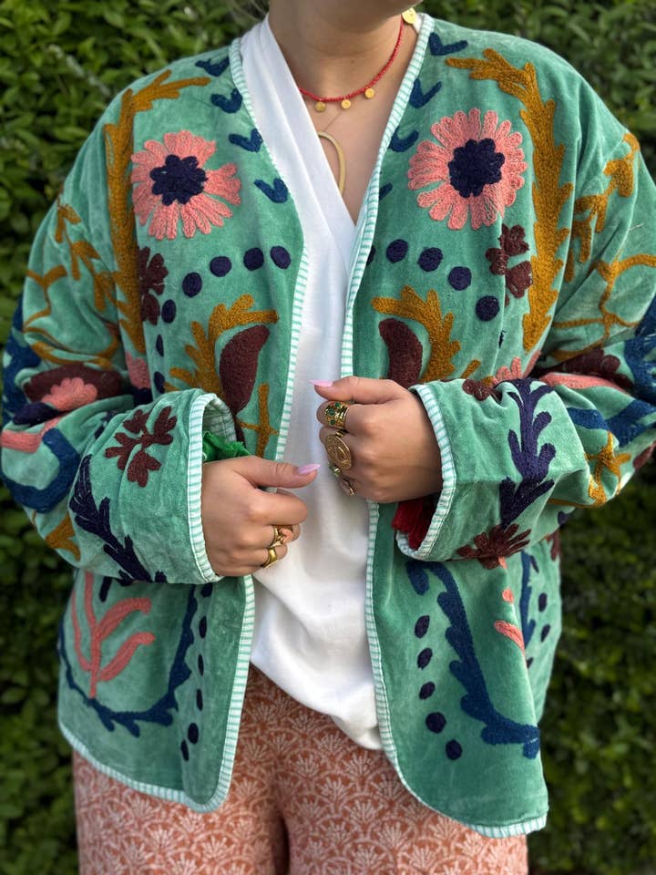 ToutVintage - Wholesale Jacket - Women's - Suzani Embroidery cotton jacket LOVE light turquoise