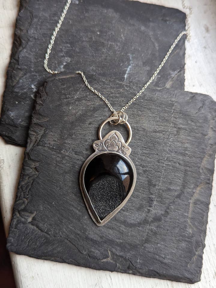 Black Druzy Stamped Sterling Silver Necklace for wholesale by JFOX Jewelry