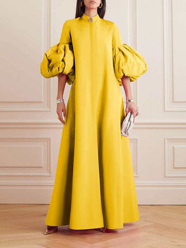 FurDecoration - Wholesale Dress - Women's - Flowy Floral Stand Collar Lantern Sleeve Maxi Dress9