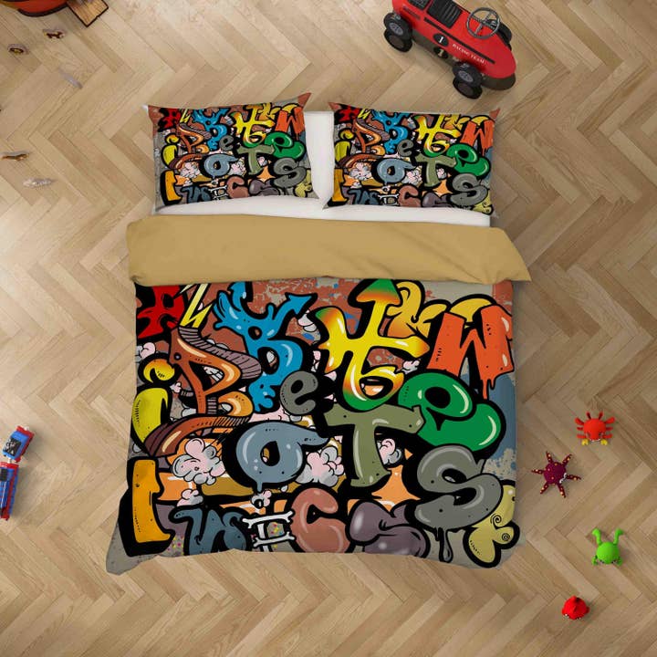 Set copripiumino graffiti lettere 3D Set biancheria da letto Copripiumino Federe SF088 per la vendita all'ingrosso da parte di Jess Art Decoration