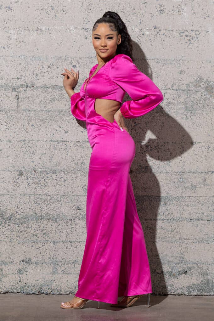 Melrose with Love - Wholesale Jumpsuit - Women's - STRETCHY SATIN JUMPSUIT WITH LONG PUFFY SLEEVES1