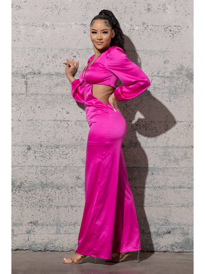 Melrose with Love - Wholesale Jumpsuit - Women's - STRETCHY SATIN JUMPSUIT WITH LONG PUFFY SLEEVES1