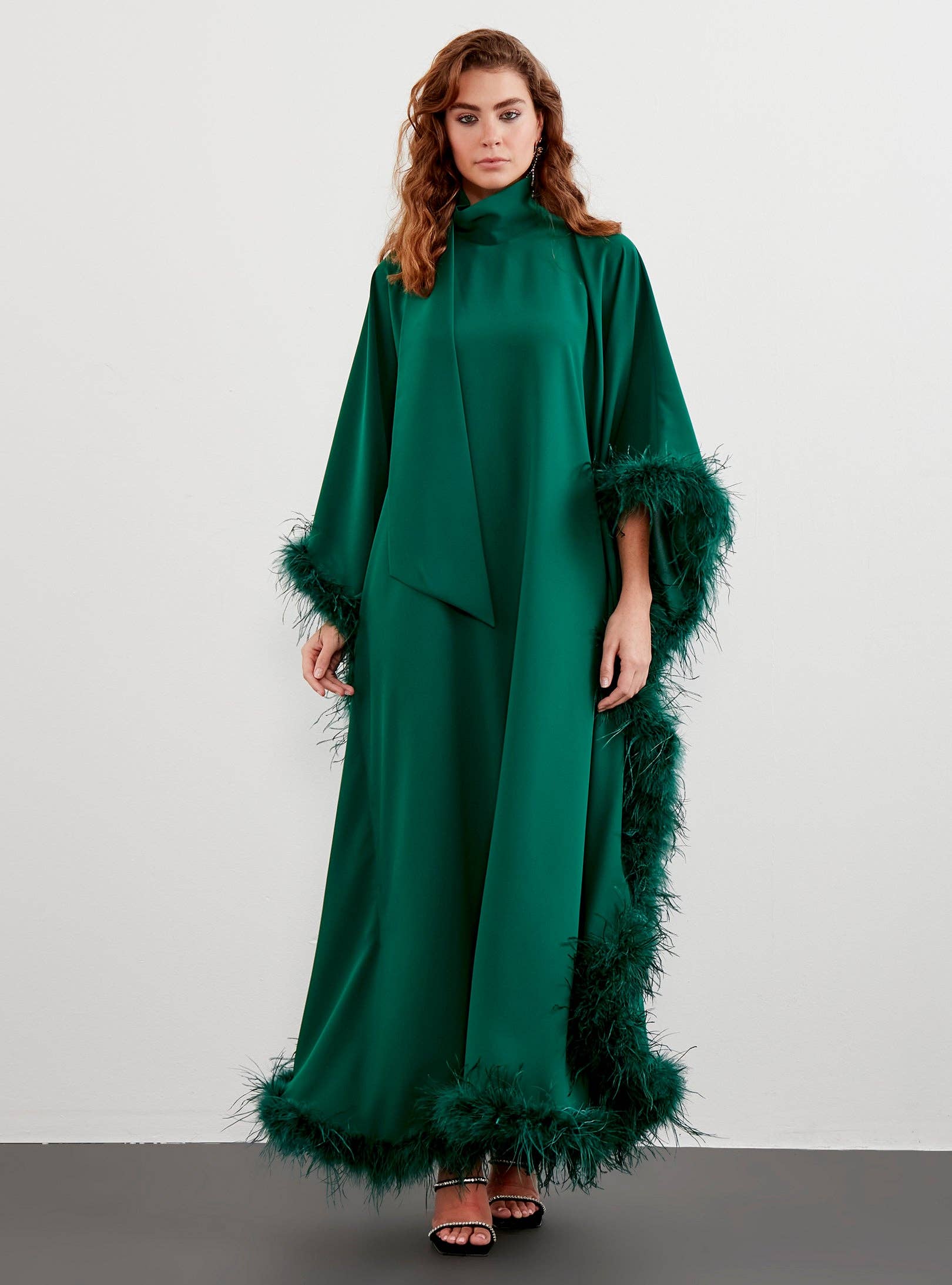 Store WF – wholesale Kaftan – Women's – Feather Trimmed Emerald Kaftan Dress3