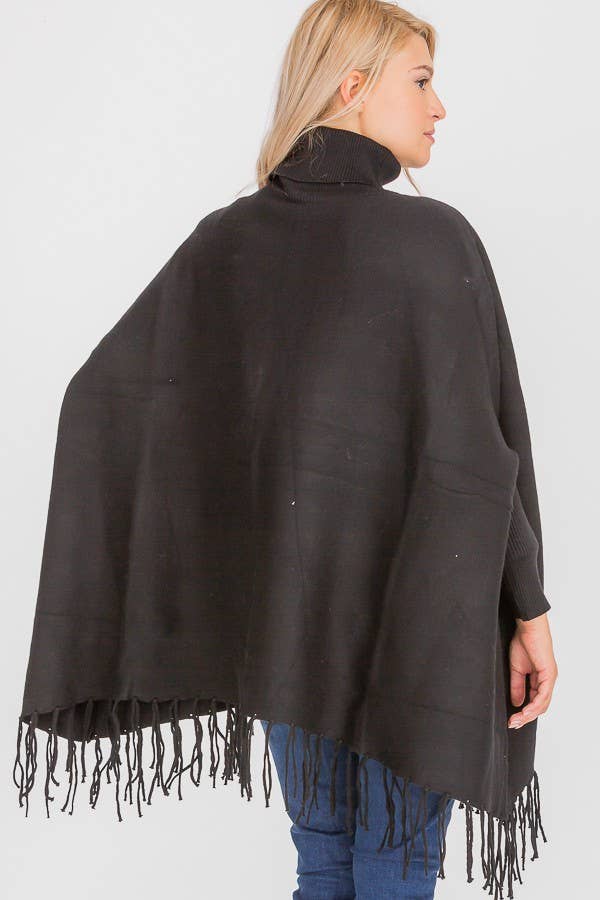 Cap Zone - Wholesale Poncho - Dames - Gebreide trui in rolkraagstijl met poncho met franjes3