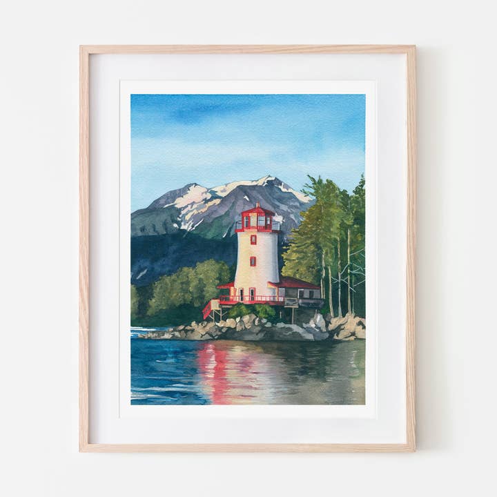 Sitka Lighthouse Landscape Watercolor Art Print for wholesale by Broken Paddle Studio