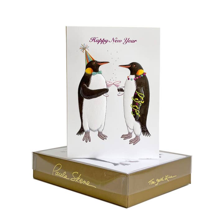 Toasting Penguins Happy New Year Card for wholesale by PAULA SKENE DESIGNS
