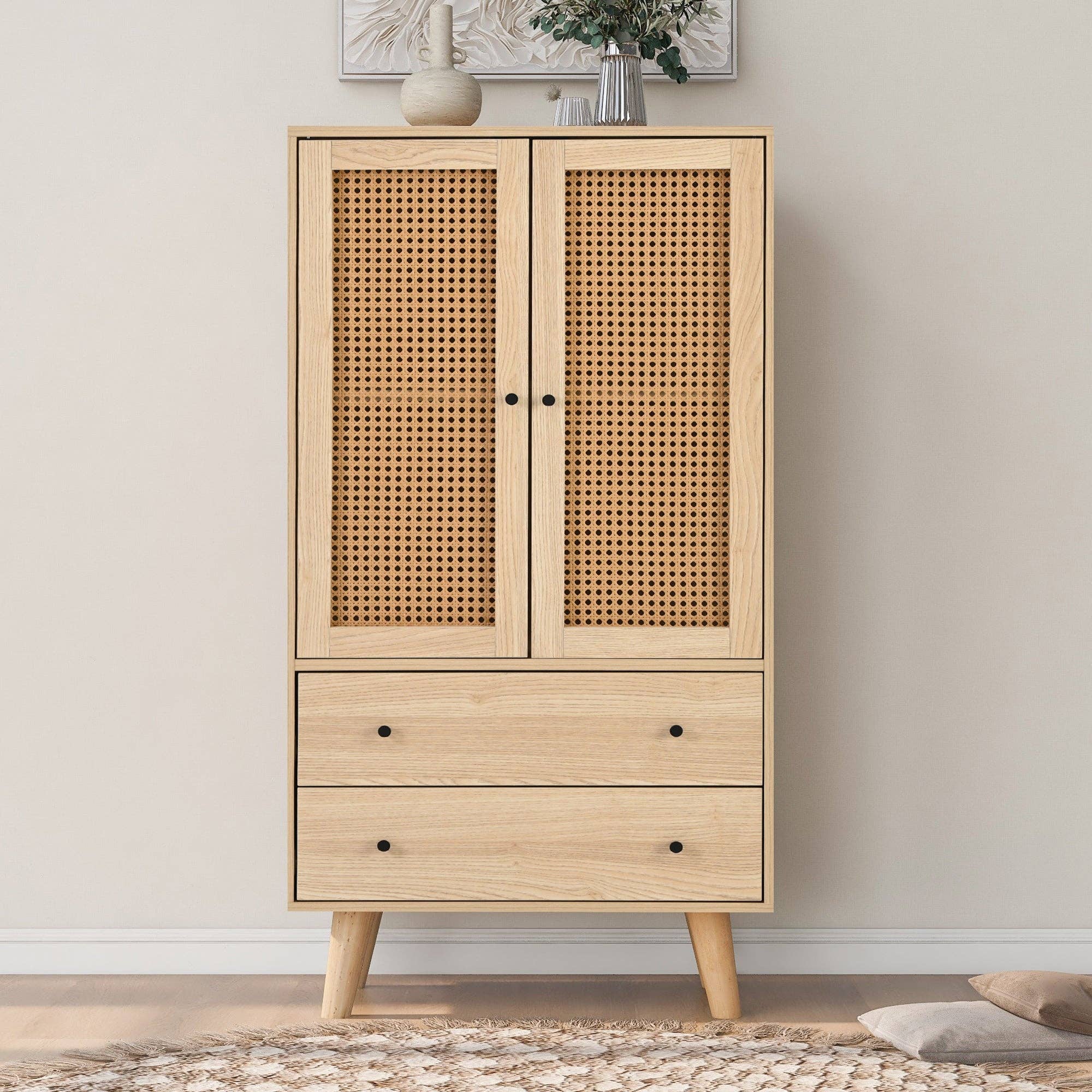 Urban Meuble - Wholesale Cabinet - Wood-effect sideboard with rattan doors and 2 drawers, solid wood legs FENMUCK2