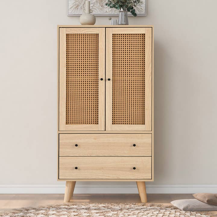 Urban Meuble - Wholesale Cabinet - Wood-effect sideboard with rattan doors and 2 drawers, solid wood legs FENMUCK2