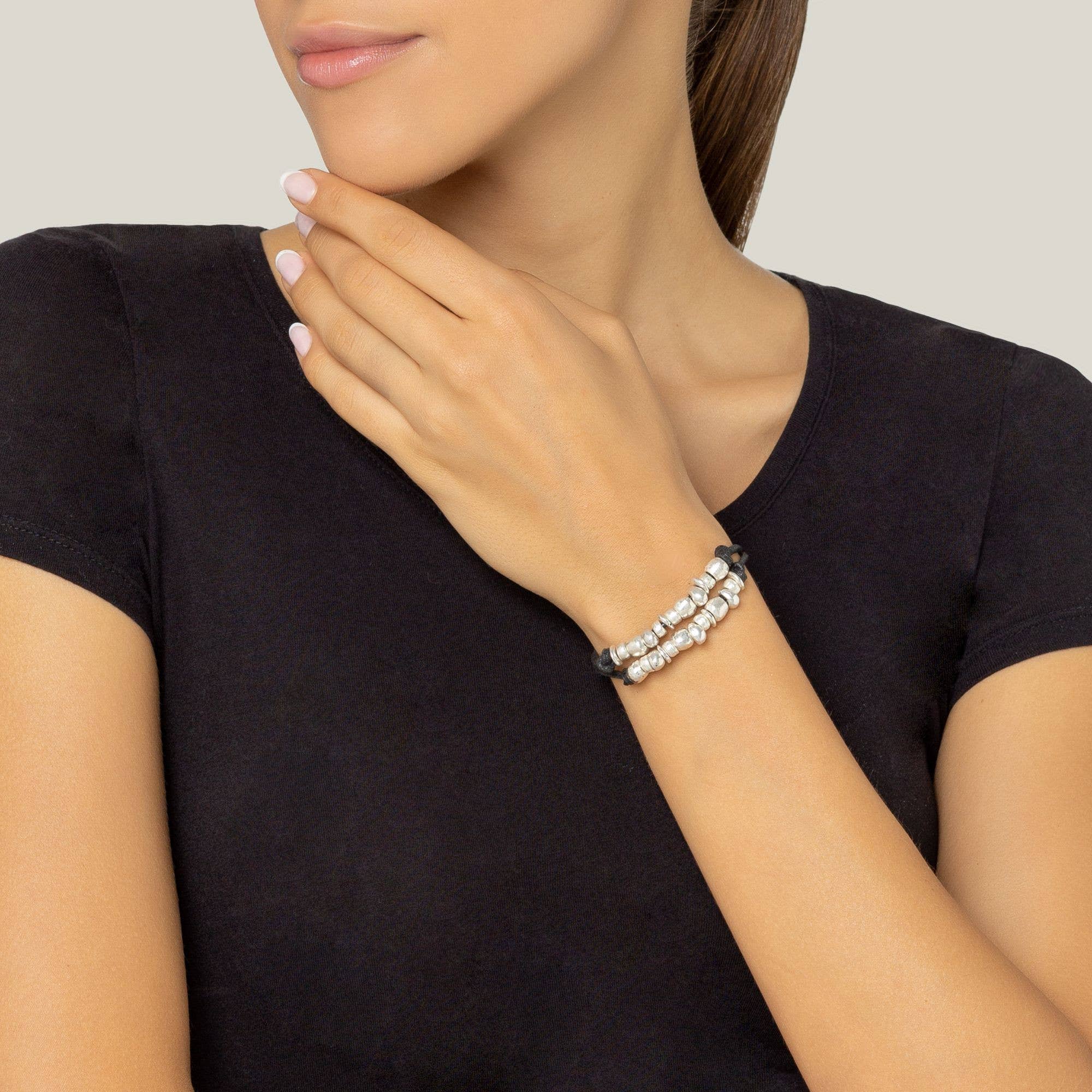 Gloria Mago - Vente Bracelet tissé/tressé - Bracelet double en cuir plaqué argent noir1