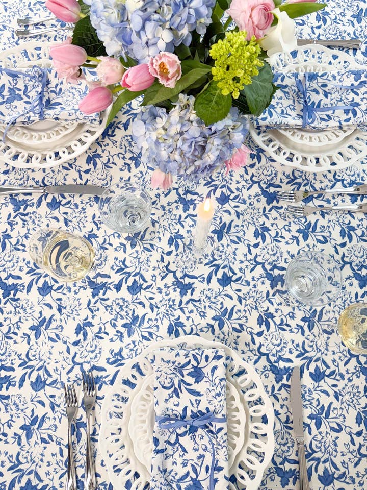 COASTAL BLUE WILDFLOWER TABLECLOTH for wholesale by Sara Khatib Design