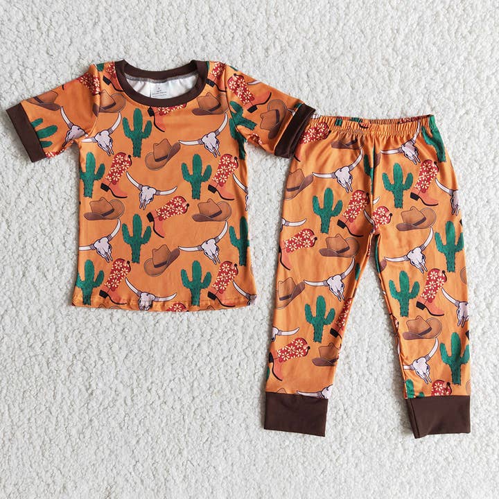 Baby Girls boys western cactus cow sku pajamas sleepwear for wholesale by Aier Wholesale