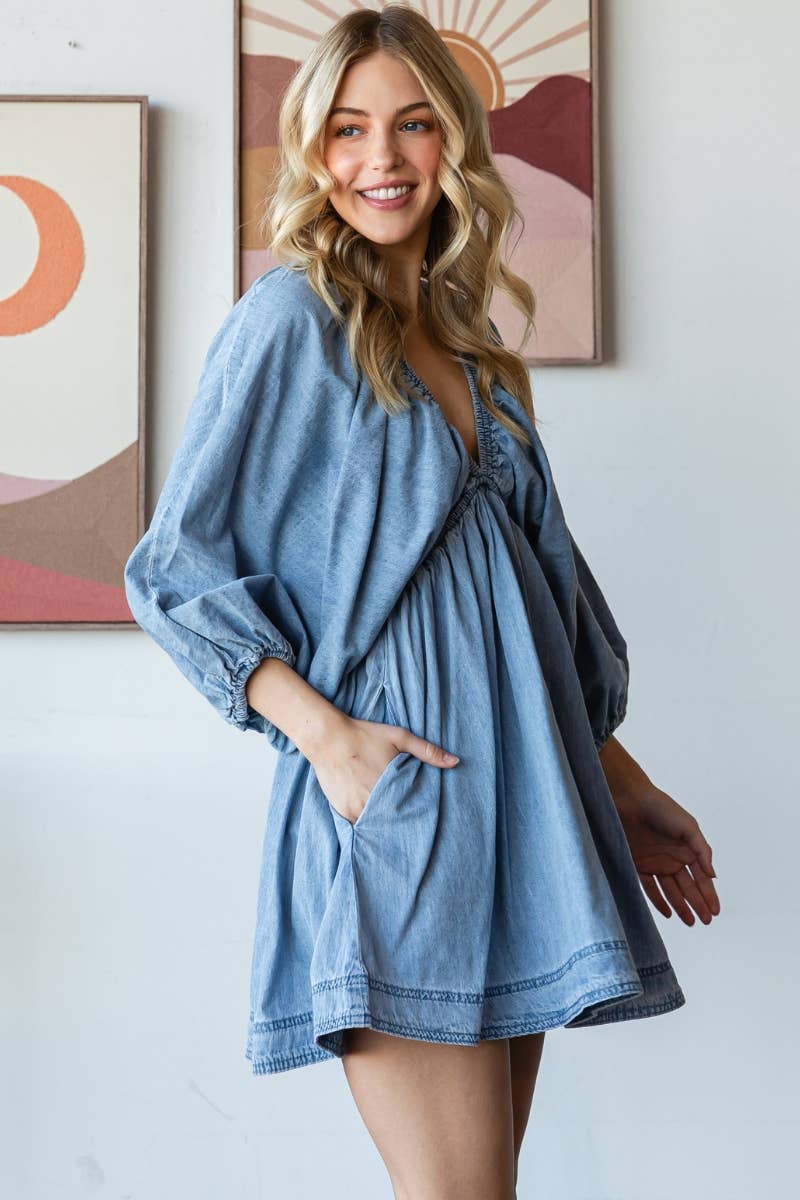 Veveret - Wholesale Dress - Women's - V-neck Puff Sleeve Denim Short Dress17