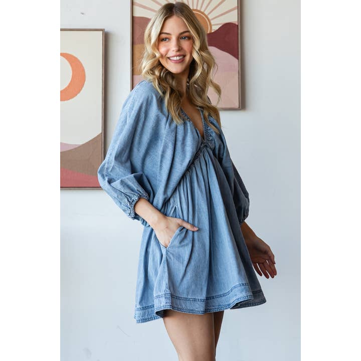 Veveret - Wholesale Dress - Women's - V-neck Puff Sleeve Denim Short Dress17