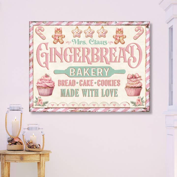 Mrs. Claus Bakery Canvas Sign Pink Vintage Christmas Decor for wholesale by Olive Branch Farmhouse