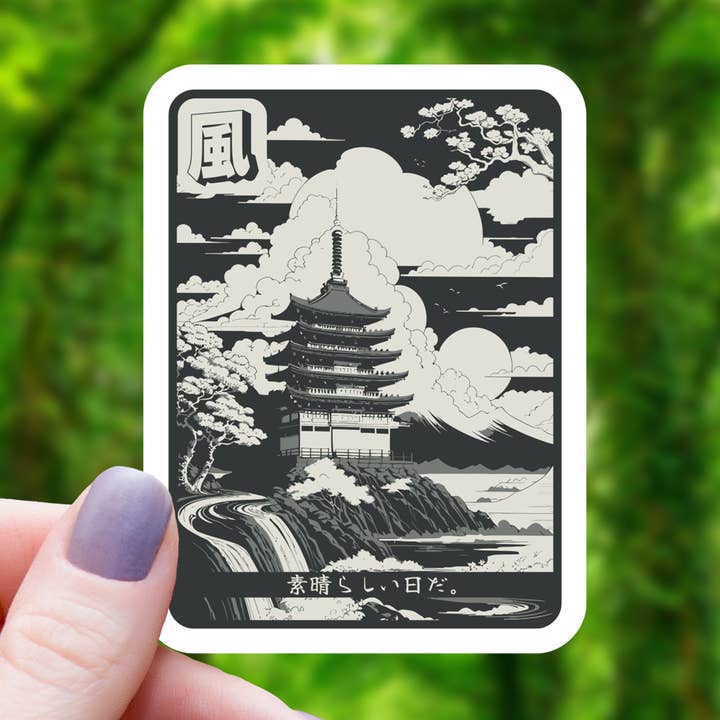 Black and White Japanese Temple Sticker - 3" for wholesale by Mimic Gaming Co