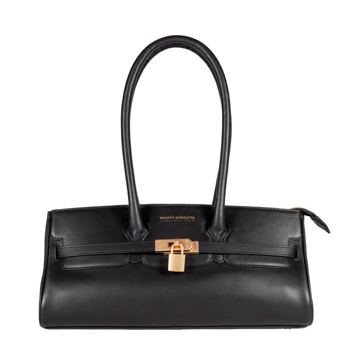 RB1033A | Dame skuldertaske ARIANNA i ægte blødt Sauvage-læder. Fremstillet i Italien. Metaltilbehør i mat guld. Farve: sort. Mål: cm 34 x 15 x 16 + 20 (hankernes fald) for engroshandel hos Kaili mood / RENATO BORZATTA - Italy since 1978 -