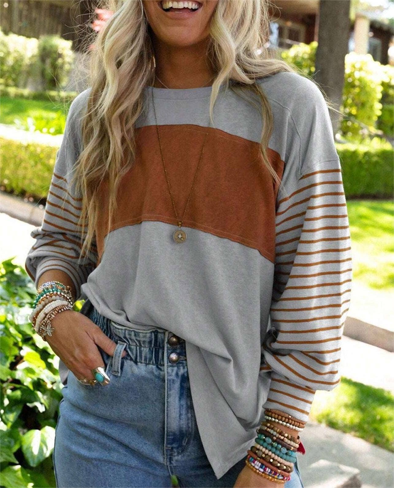 Rosa Clothing - Wholesale Tunic - Women's - Colorblocked sloucy striped long-sleeved top13