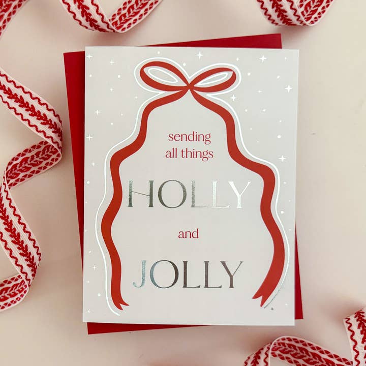 Holly Jolly Ribbon Holiday Card Set for wholesale by Blue Leaf Design Co.