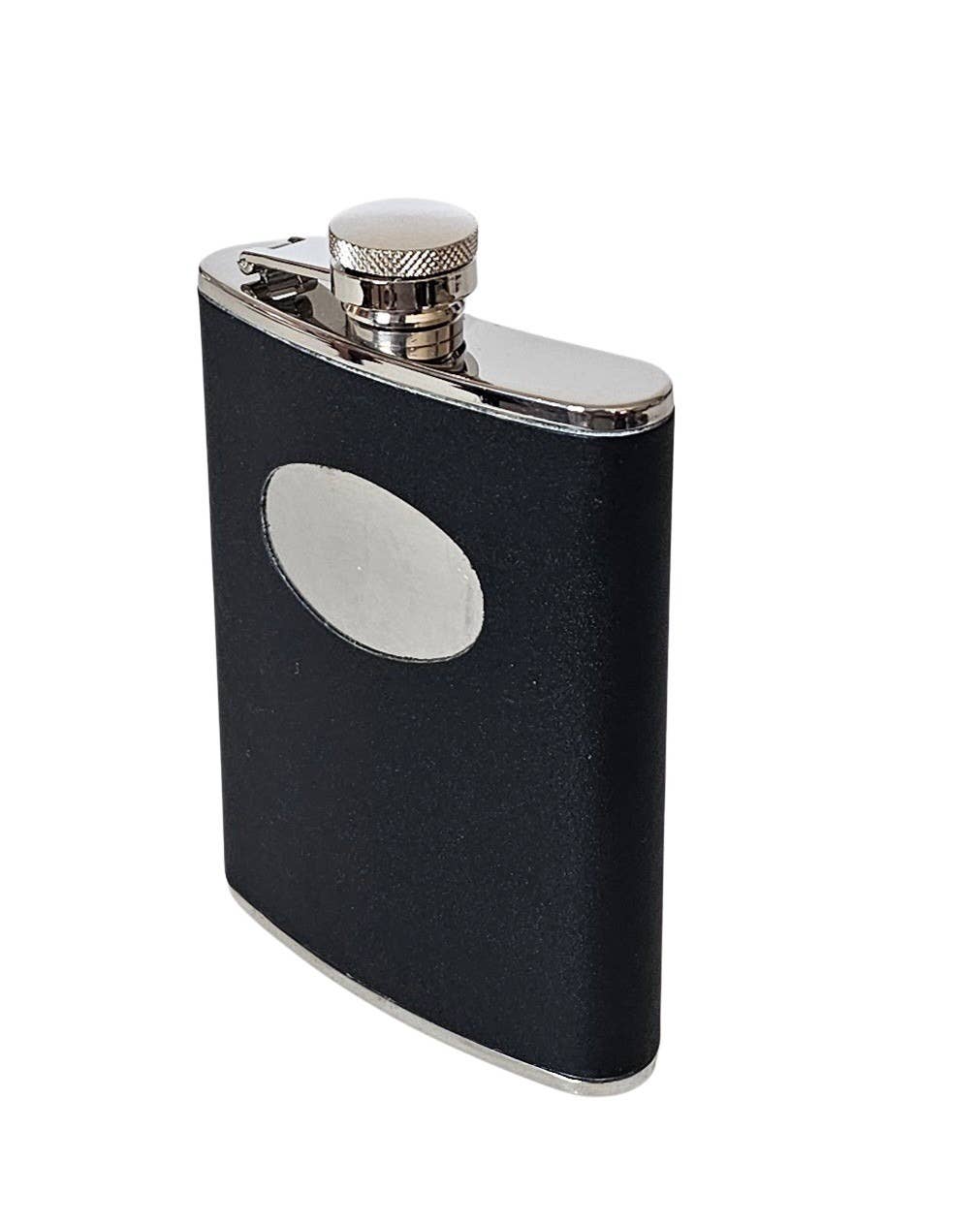 Corbell Silver - Wholesale Flask - Flask Captive Top BLACK LEATHER /STAINLESS 6 oz. WAS $29.501