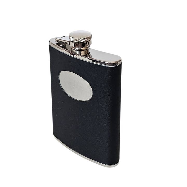 Corbell Silver - Wholesale Flask - Flask Captive Top BLACK LEATHER /STAINLESS 6 oz. WAS $29.501