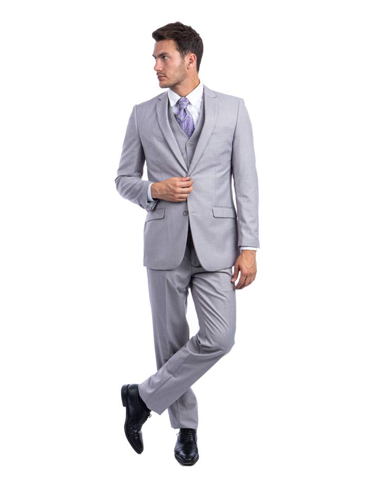Mens Hybrid Fit 3pc Suit (Coat, Vest, Trousers), Light Grey for wholesale on Faire